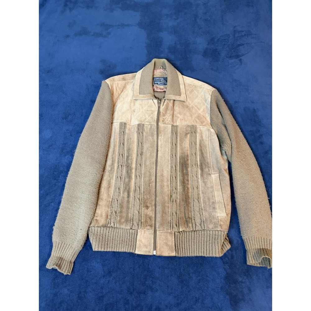 Vintage Cross Bay Brown Split Leather Bomber Jacket Knit Trim Womens XL